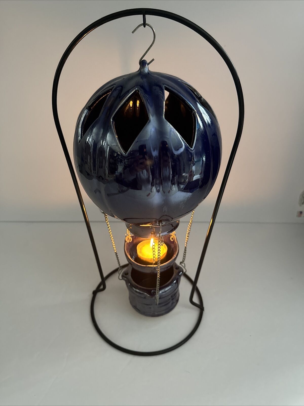 Ceramic Blue Hot Air Balloon Tea Light Holder 14 1/2”