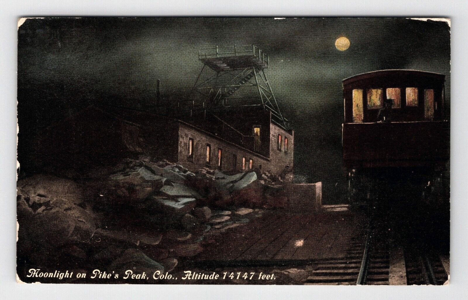 Postcard 1912 CO Trolley Train Moonlight Station House Night Pikes Peak Colorado