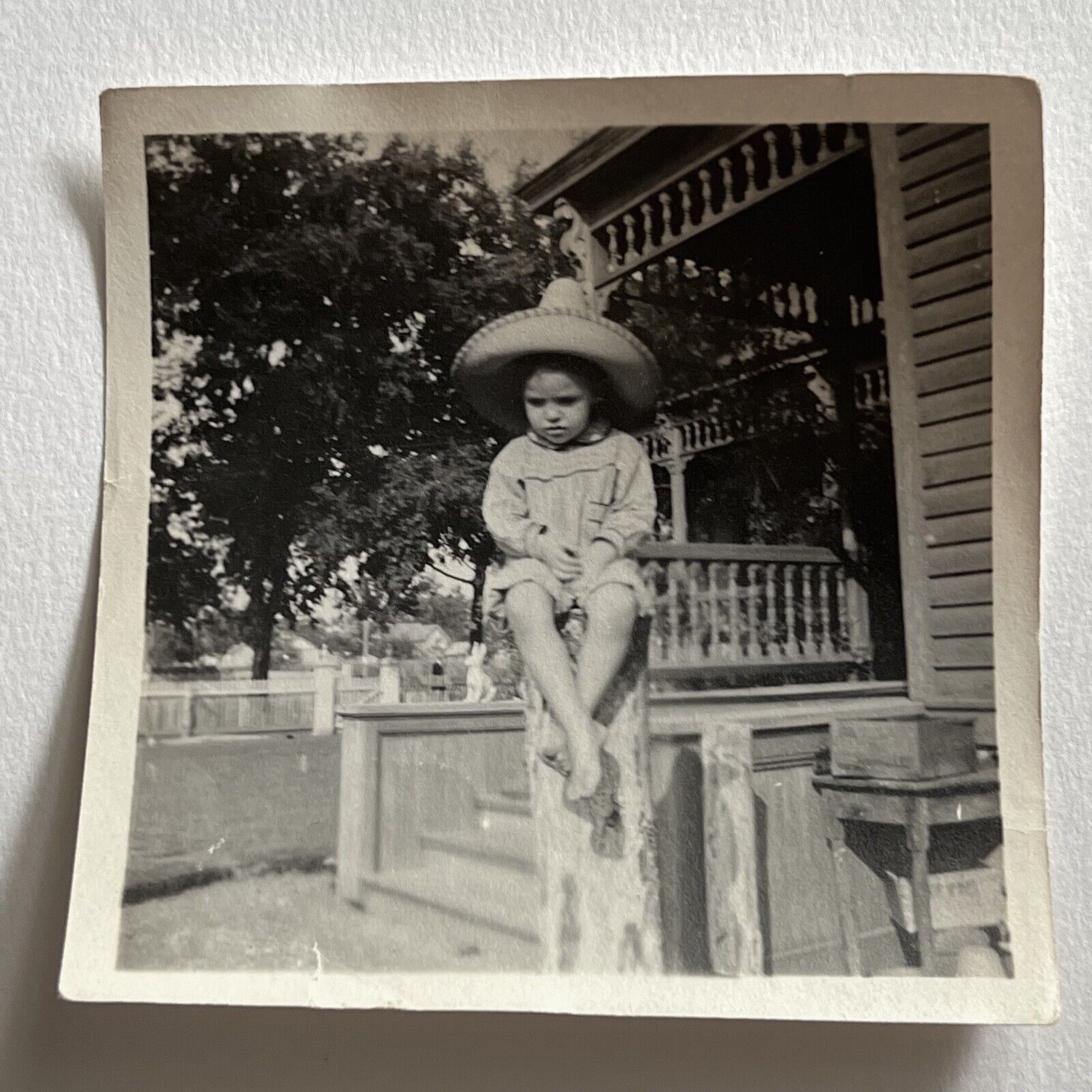 Vintage B&W Snapshot Photograph Adorable Little Boy Porch Sombrero Hat