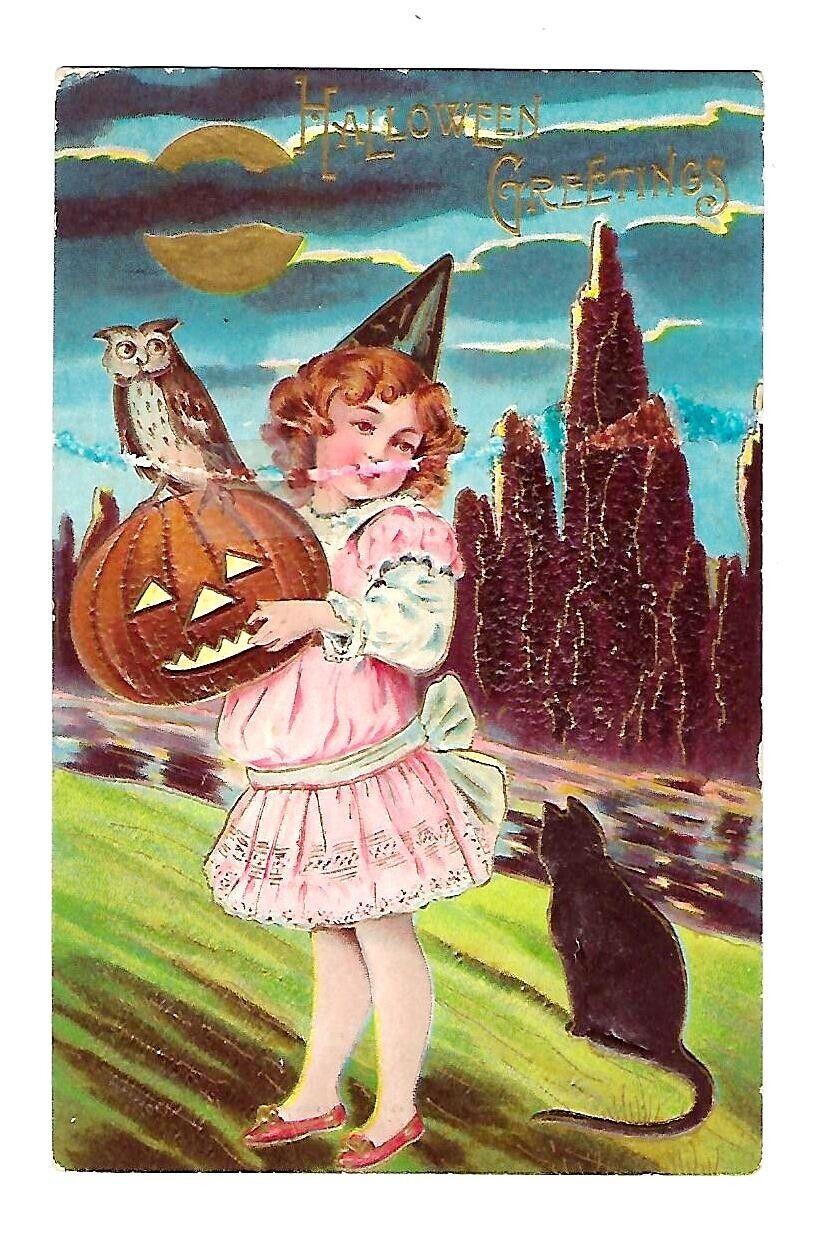 Early 1900's Halloween Postcard Young Girl Holding Pumpkin, Black Cat, Owl