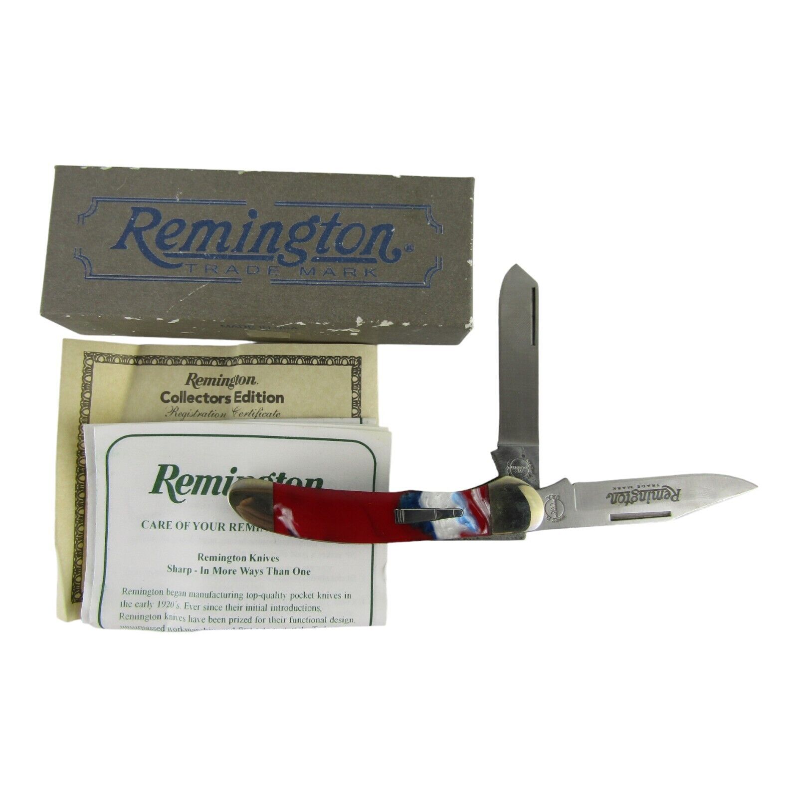 2010 Remington R2253 UMC Double Strike Bullet Knife Red White Blue Swirl