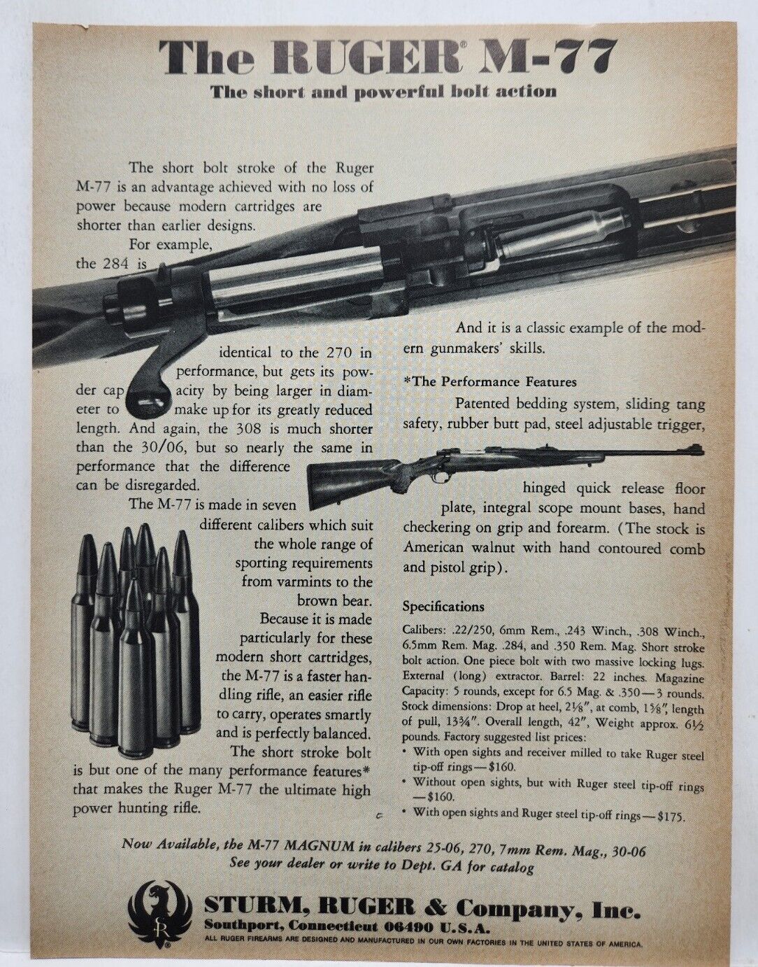 1970 Sturm Ruger M-77 Rifle Bolt Action Vtg Print Ad Man Cave Southport CT 70's