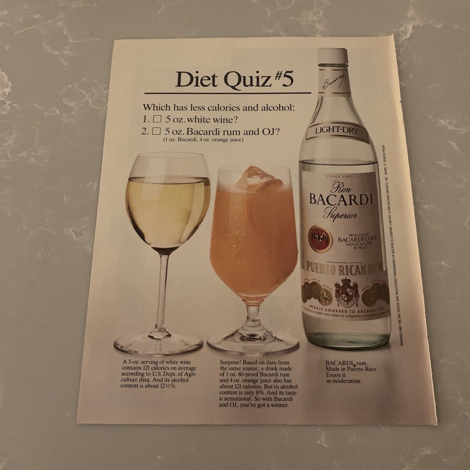 1985 Bacardi Rum Print Ad Original Vintage Diet Quiz #5 Rum and OJ vs White Wine