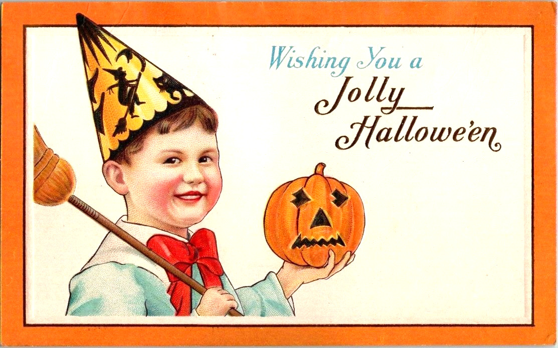 Wishing you a Jolly Halloween embossed jack o lantern 1914 postcard a55