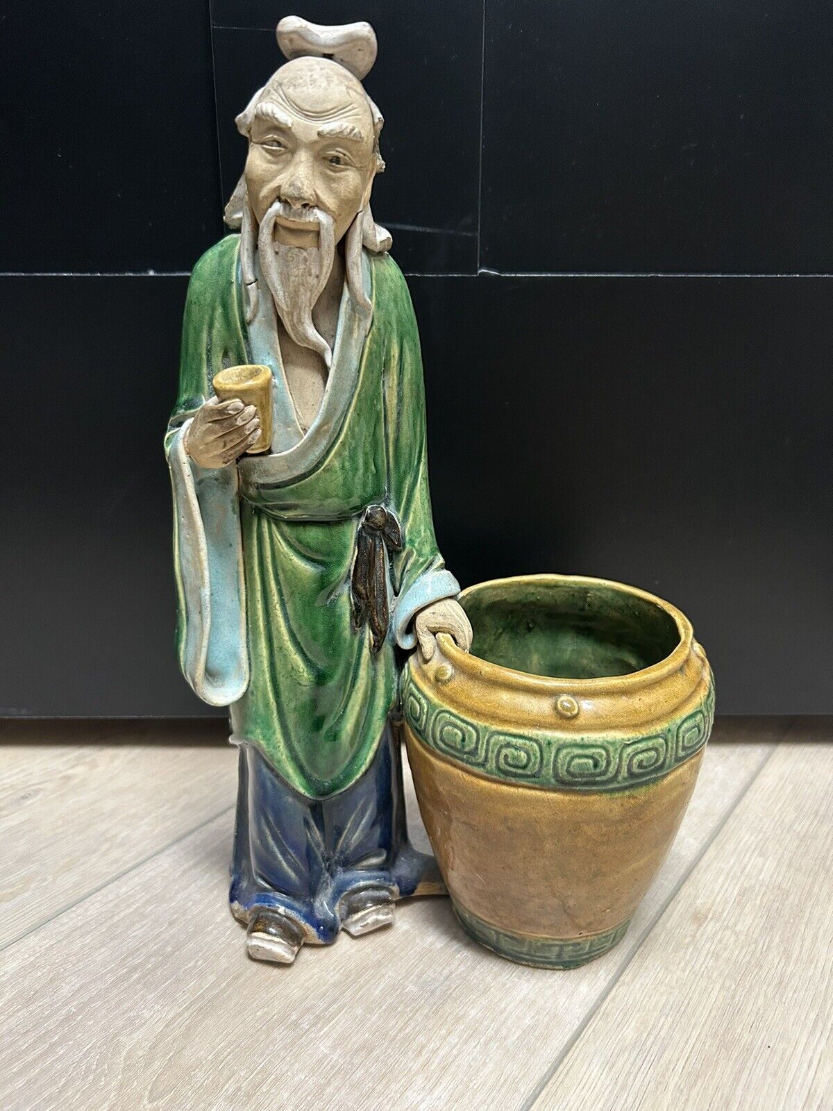 Vintage Chinese Glazed Ceramic Mudman With Planter Basket 13” Tall x 8” Wide