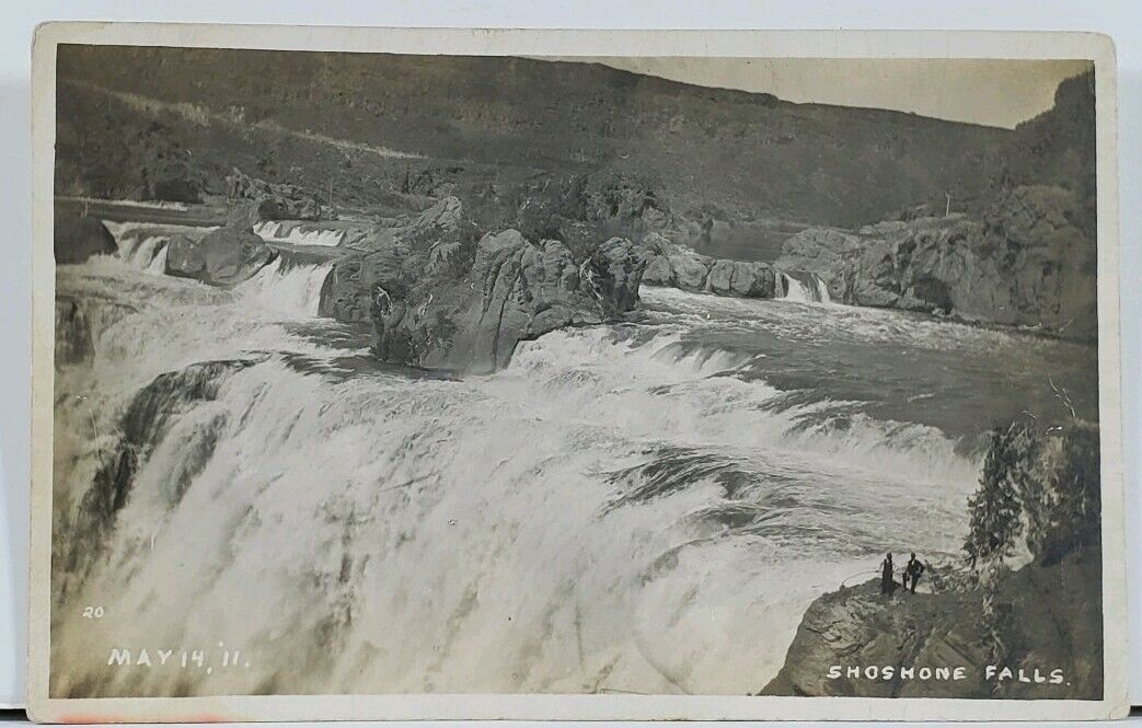 Idaho RPPC Shoshone Falls 1911 with Two Men on Cliff Real Photo Postcard L5