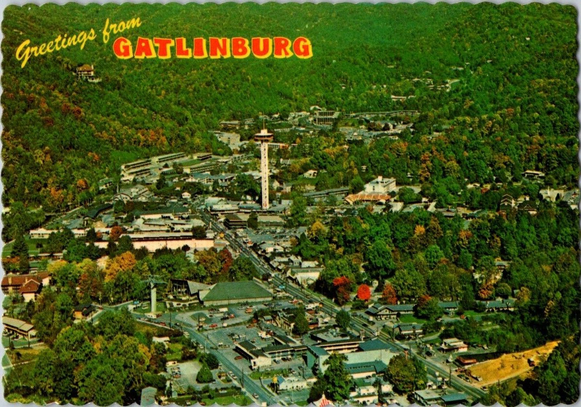 Greetings from Gatlinburg Tennessee Vintage Iconic Unposted Postcard Aerial view