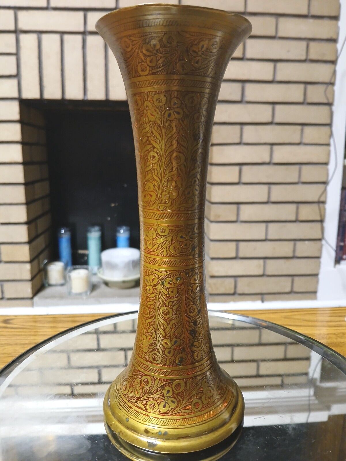 Vintage /Antique Etched Brass W/Enamel Work Flower Vase - Floral Pattern - INDIA