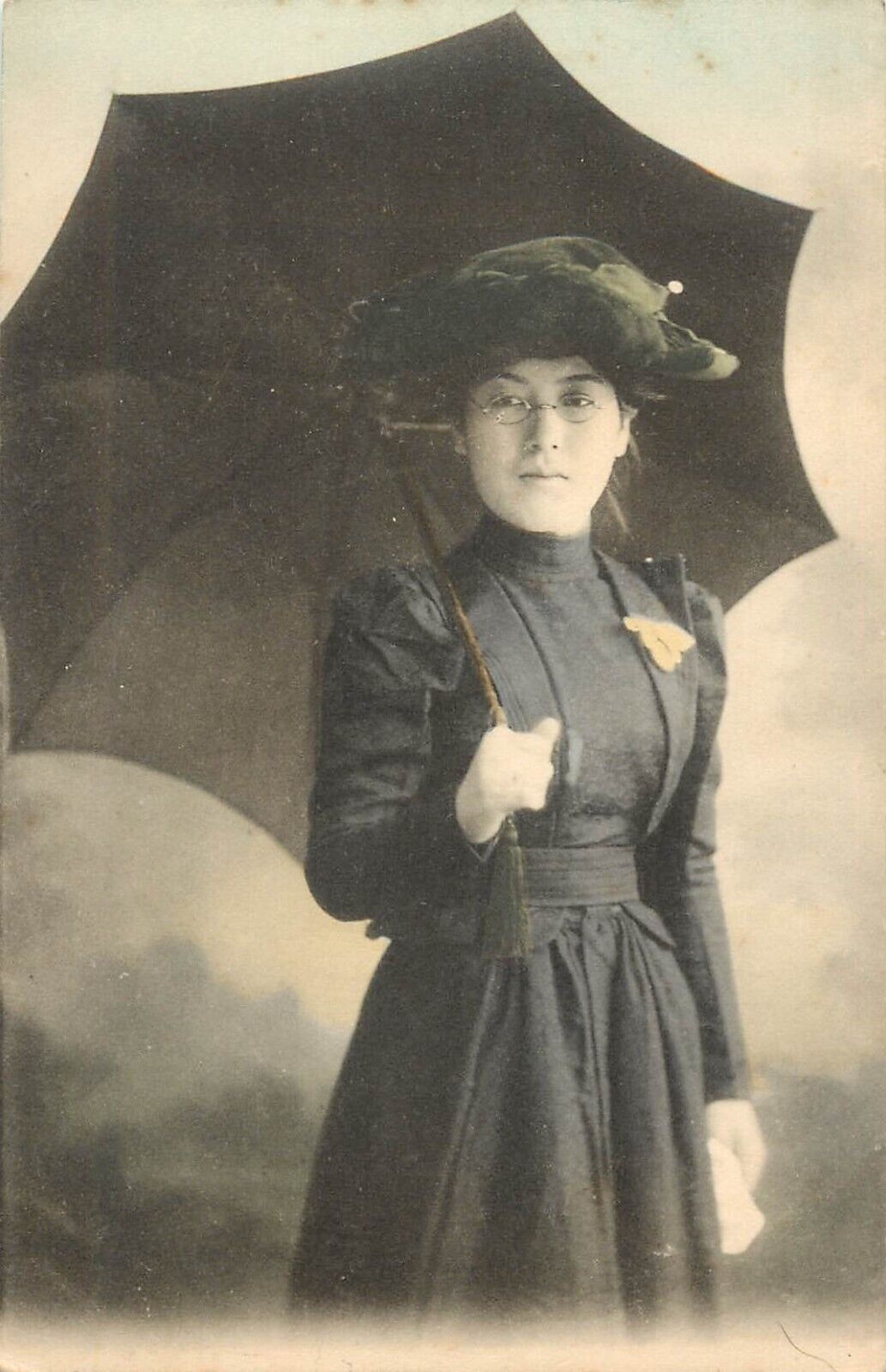 Hand Colored Postcard Japanese Woman in Western Dress with Glasses & Umbrella
