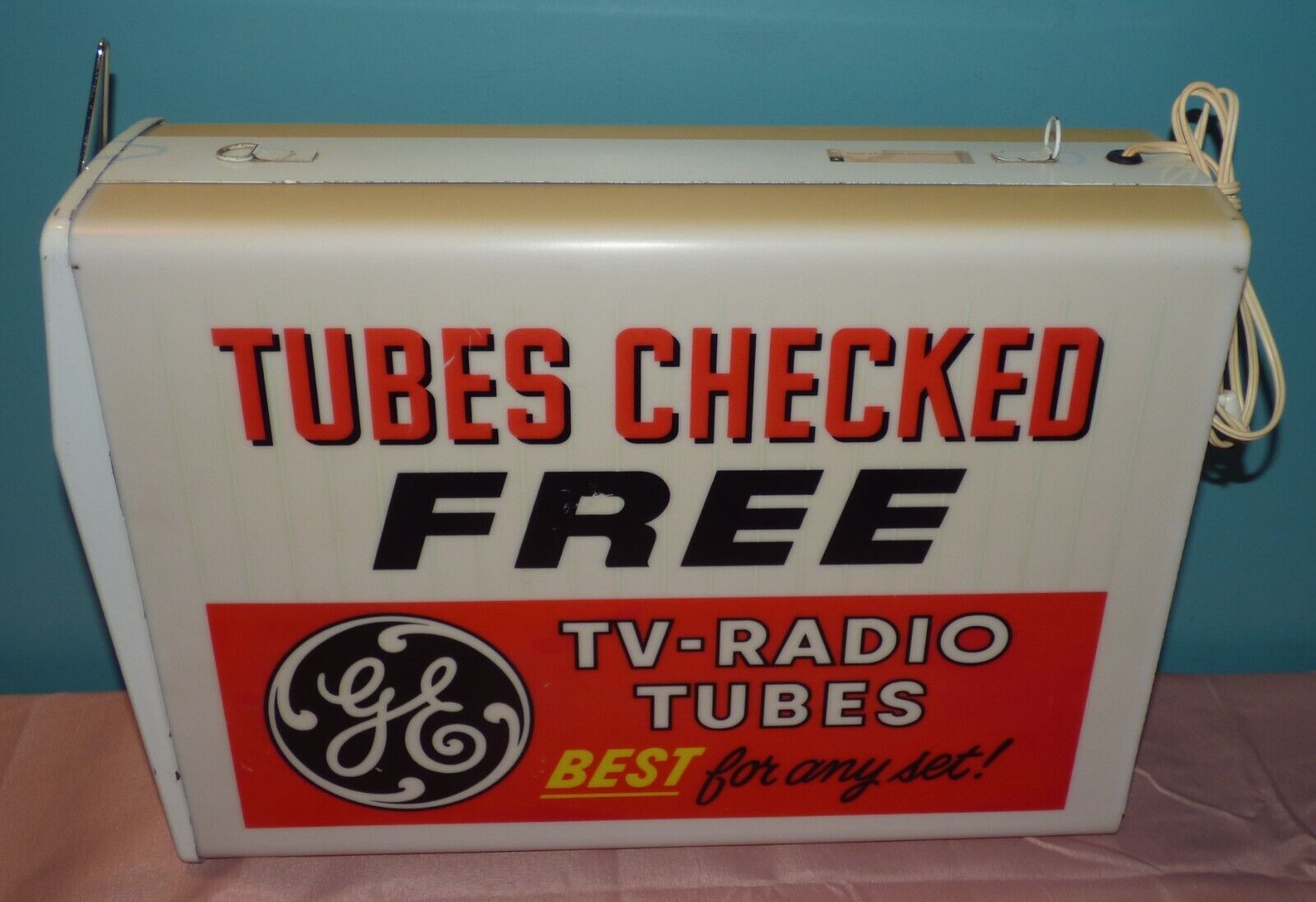 Vintage GE Tubes Checked Free TV-Radio Tubes Hanging Lighted Sign