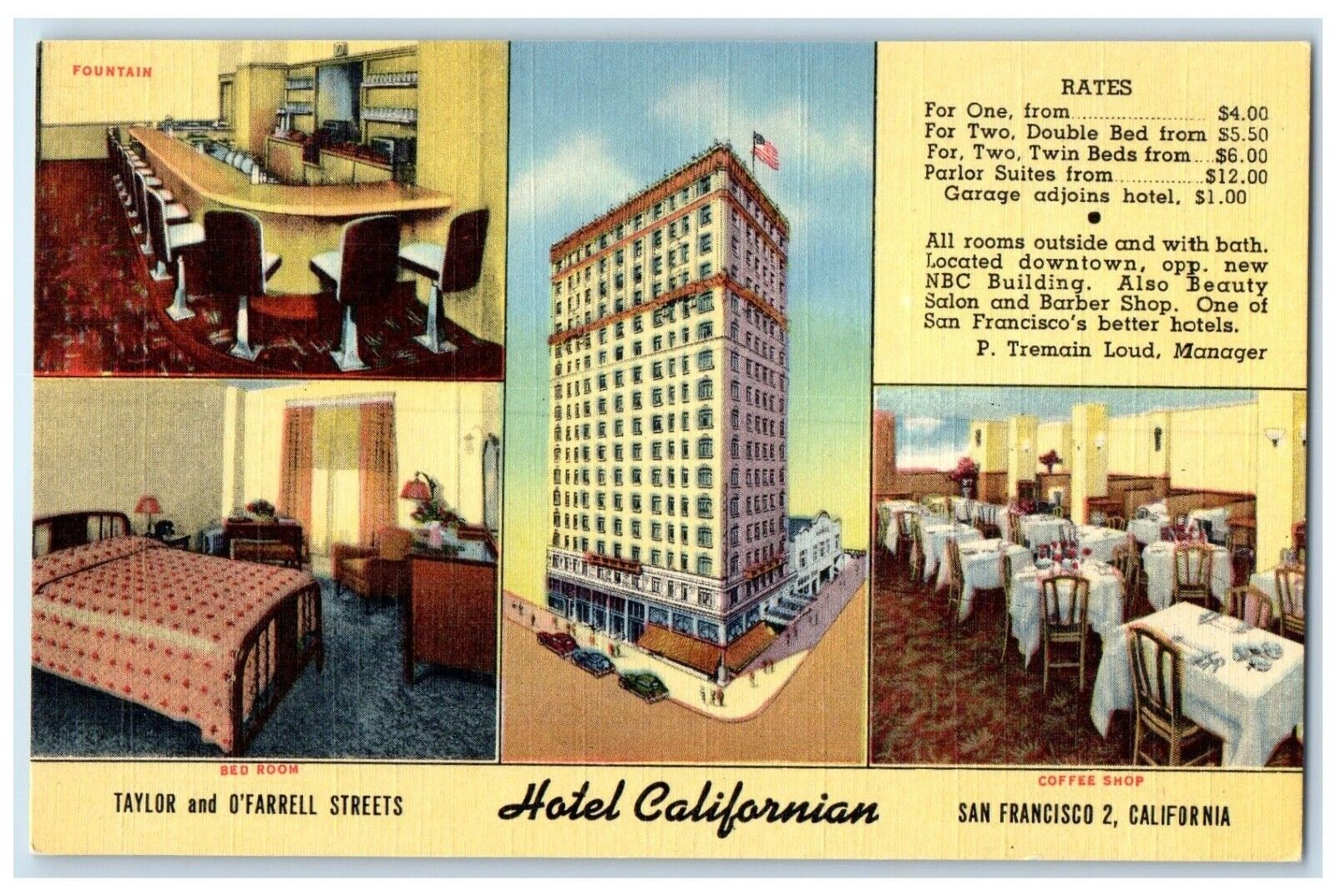 c1940's Taylor And O Farrell Streets Hotel California San Francisco CA Postcard
