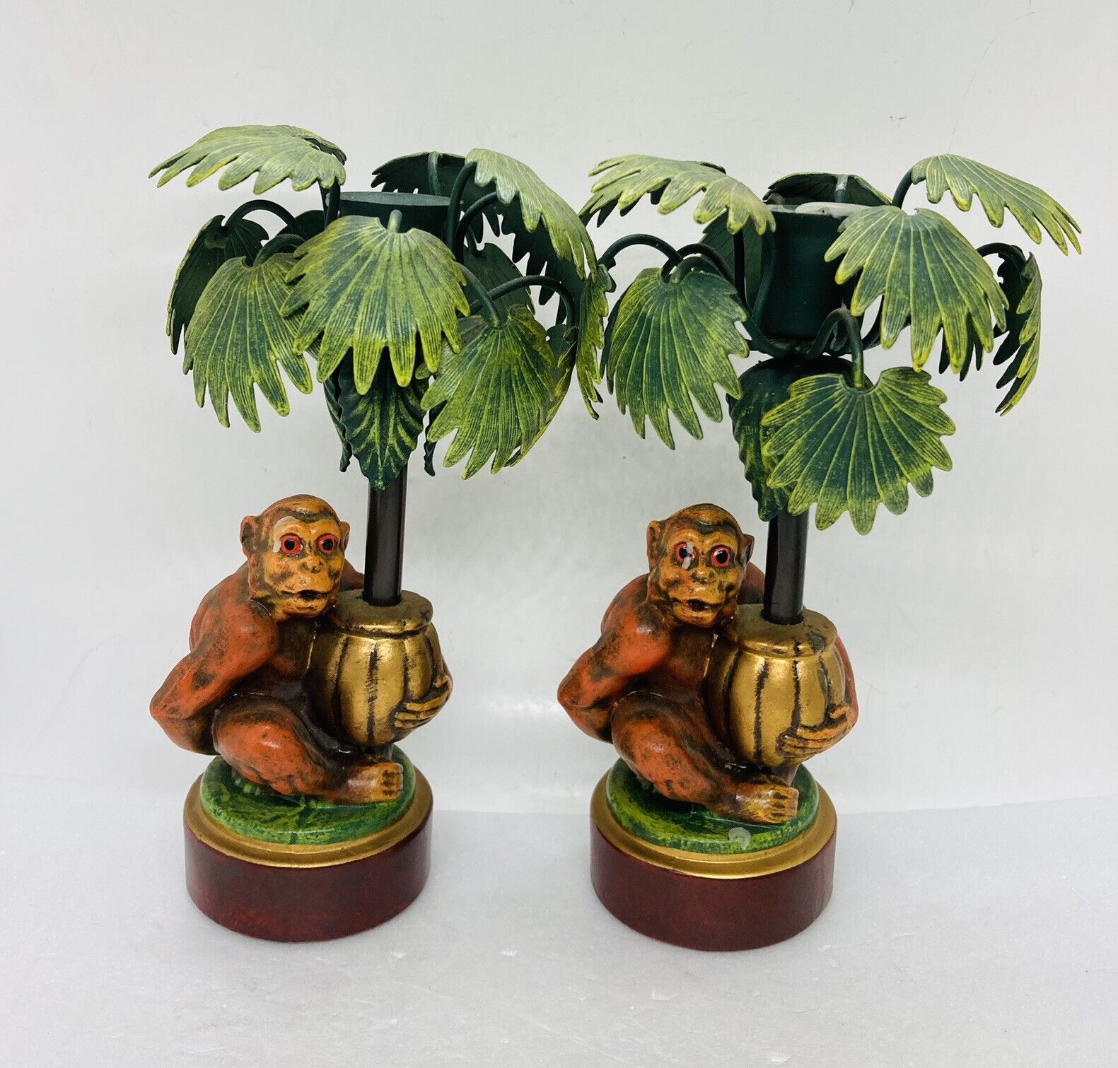 Vintage PETITES CHOSES Candle Holder Set Monkey Palm Tree Brass Art Decor 00