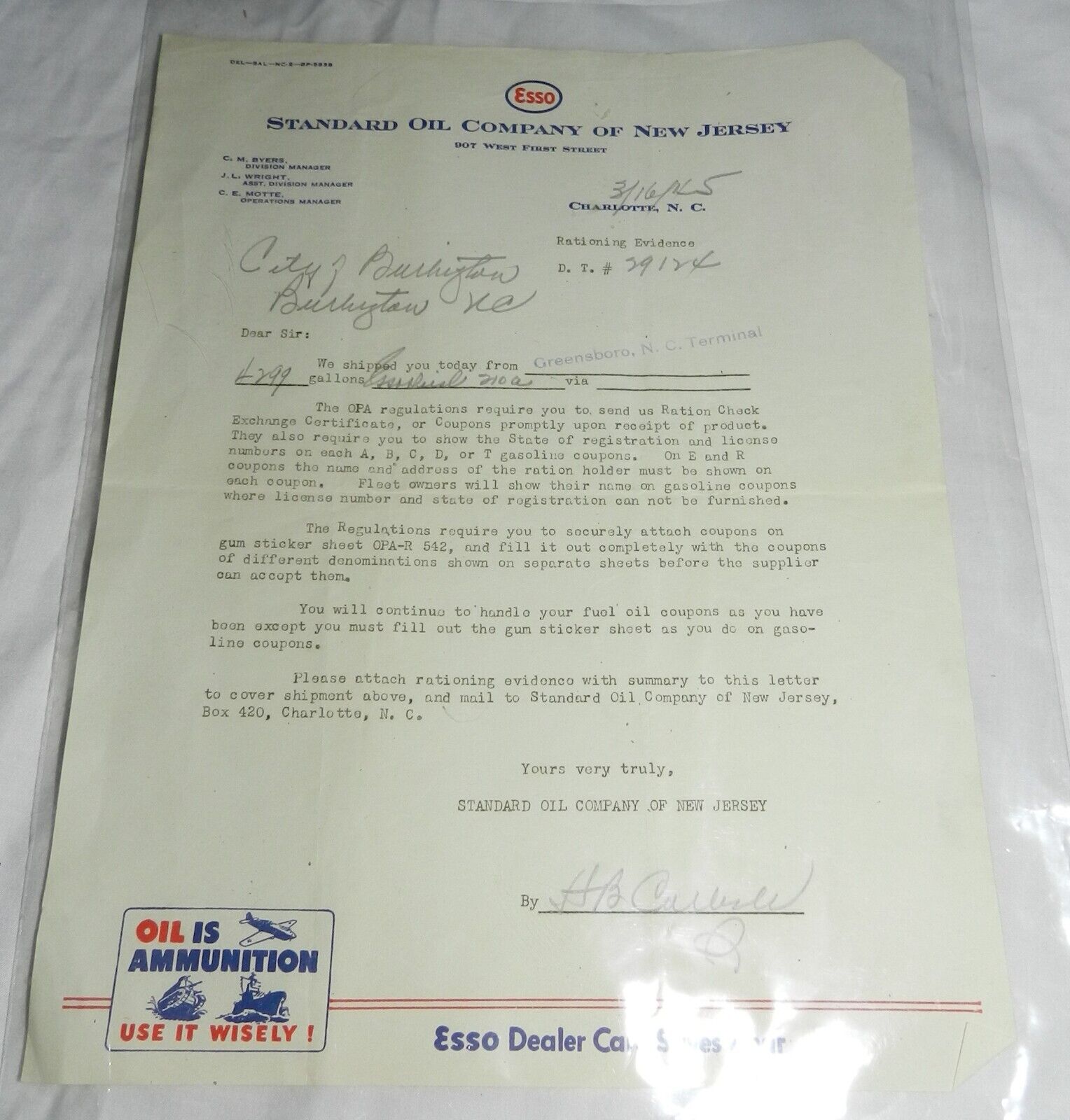 Vintage 1945 letter on Esso Standard Oil Company Letterhead