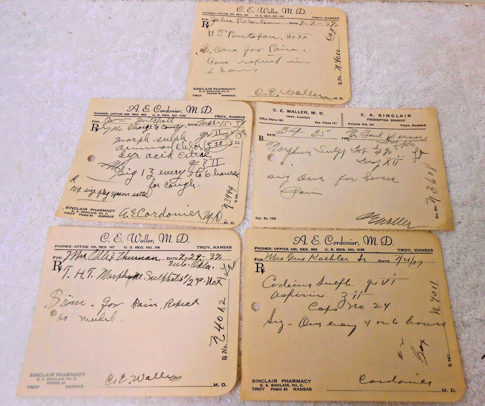Lot of 5 1930s Narcotic Prescriptions,3 Morphine Sulfate 1 Codeine & HJ Pentapan