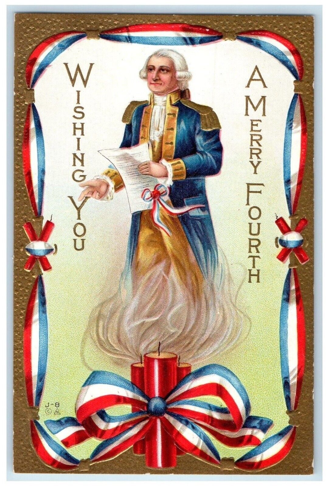 c1910's Fourth Of July George Washington Candle Nash Embossed Antique Postcard