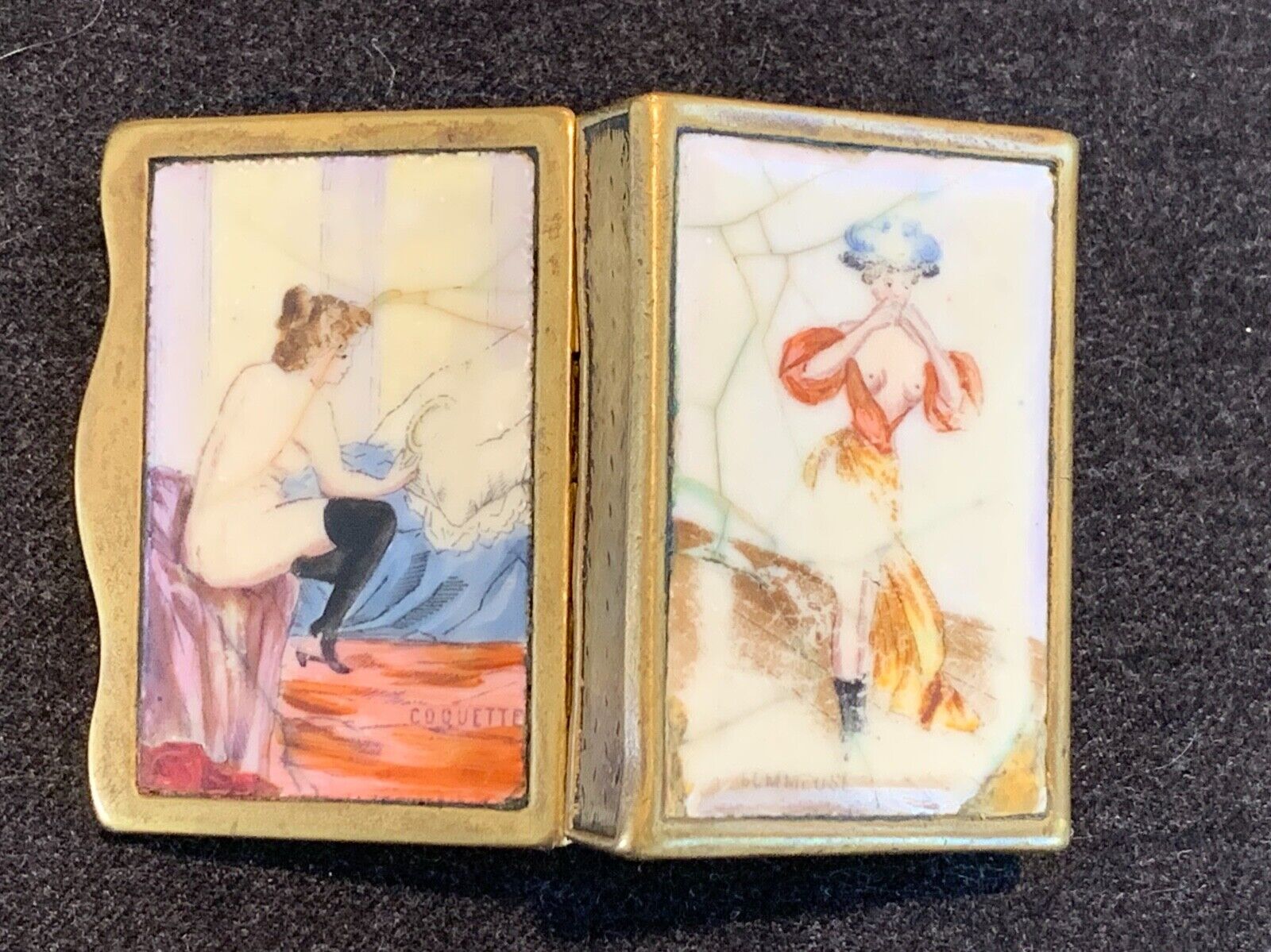 ANTIQUE PAINTED VESTA MATCH SAFE WITH SEMI NUDE PORCELAIN INSERTS FRONT AND BACK