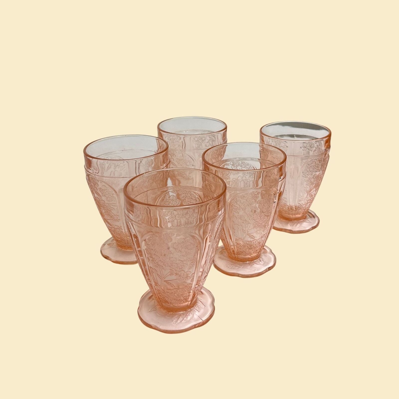 1930s pink depression glass cups, set of 5 Jeannette Glass Cherry Blossom cups