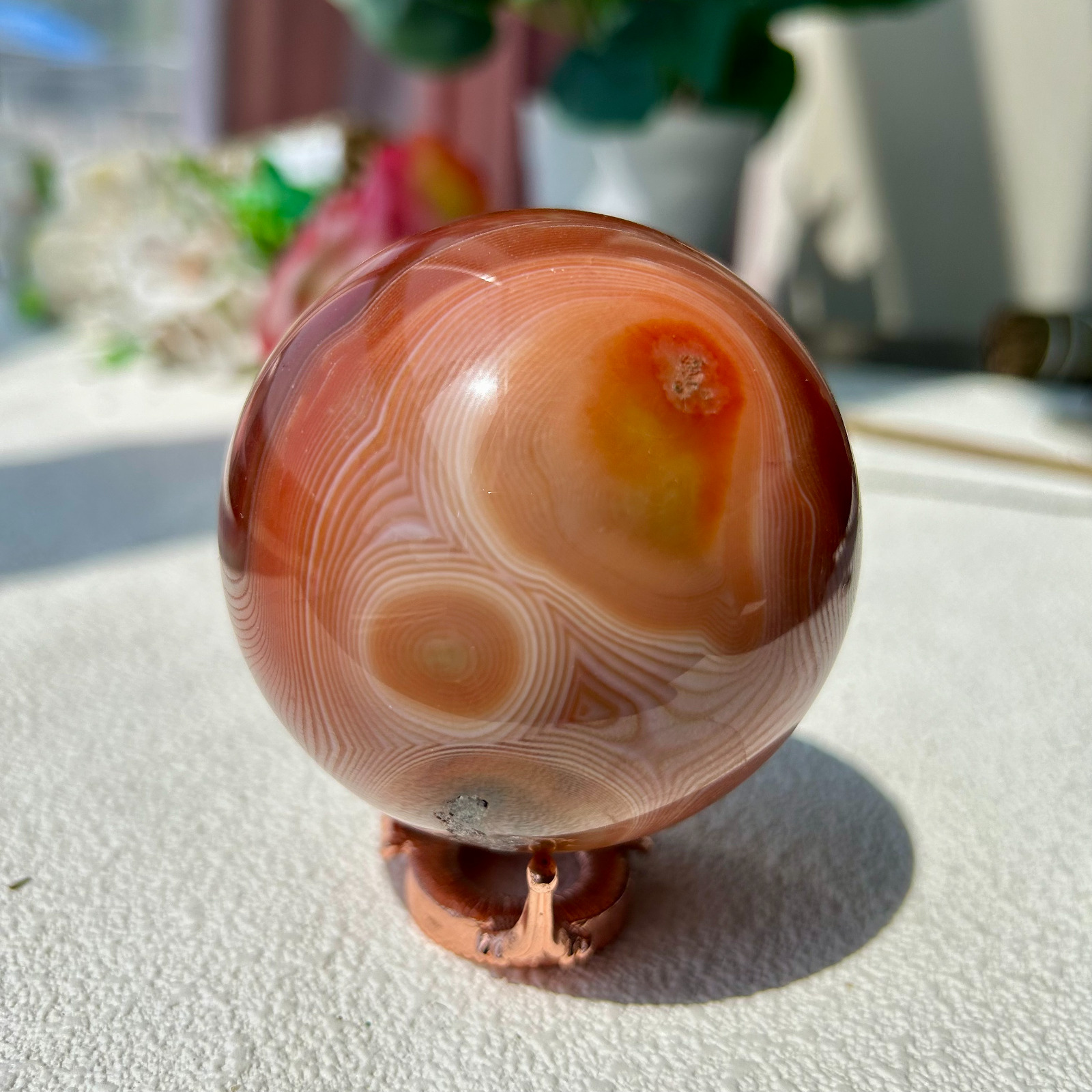430g Banded Agate Round Eye Red Carnelian Quartz Crystal Sphere 68mm 2th