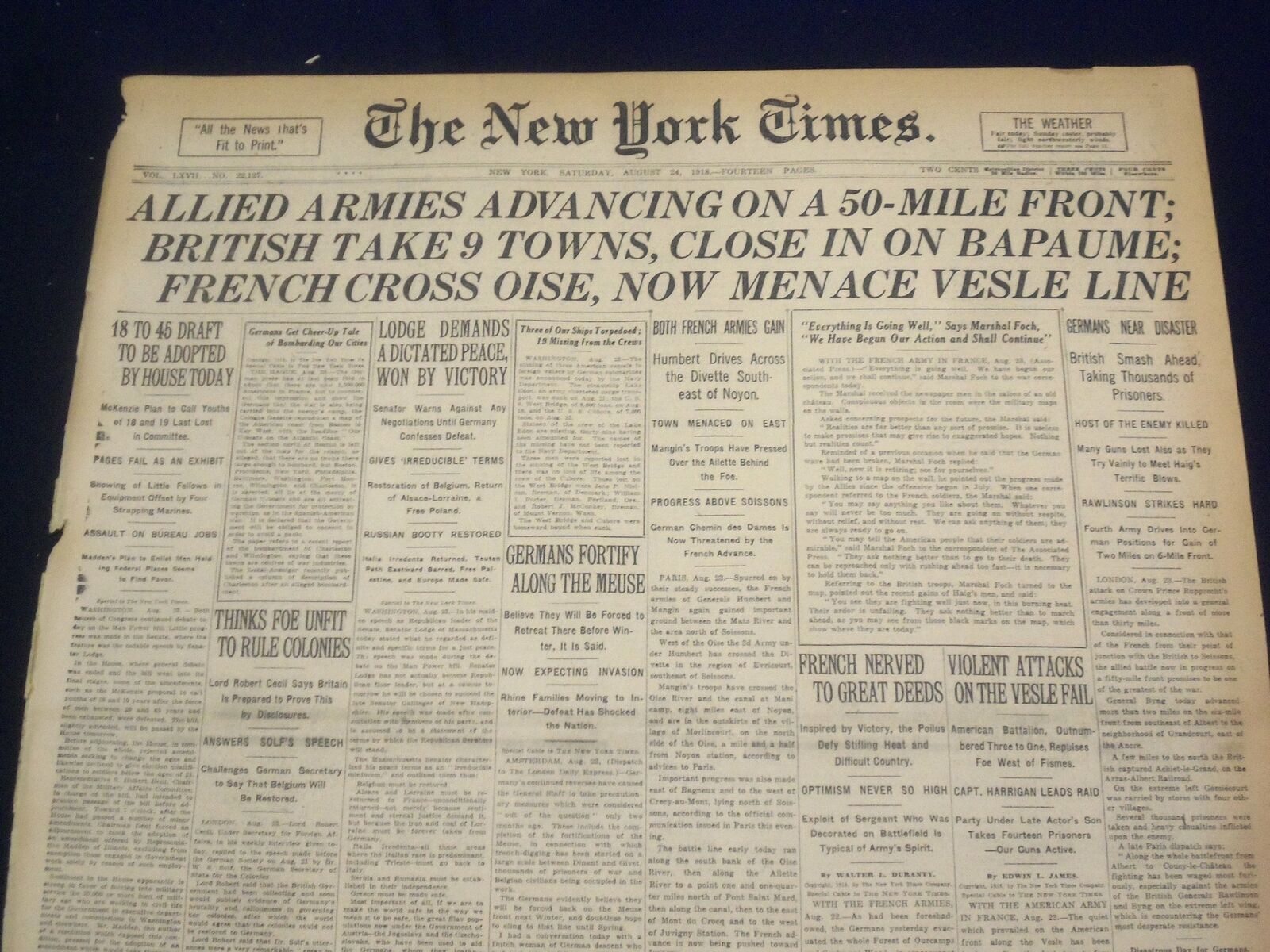 1918 AUGUST 24 NEW YORK TIMES - ALLIED ARMIES ADVANCING - NT 9202