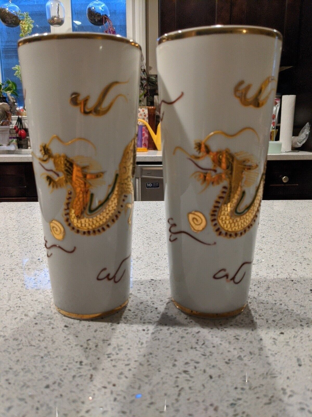 Two Vintage Handpainted Dragon Porcelain Vase 