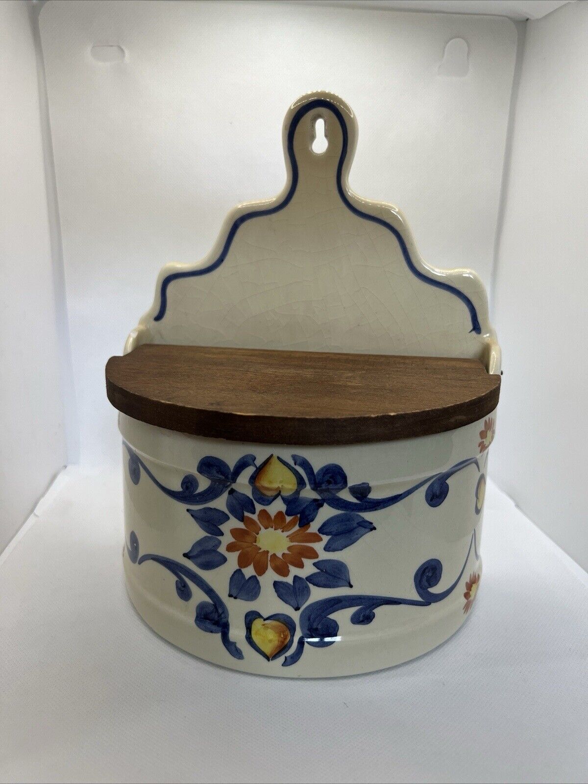 Vintage Ethan Allen Ceramic Made In Italy Wall Pocket With Wooden Lid - Salt Box