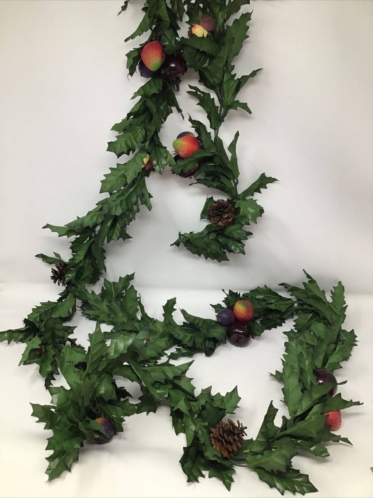 Artificial Silk Holly Leaf Garland Pinecones Apples Strawberries Plums 87” Long