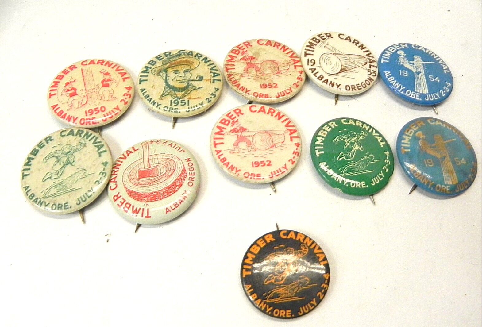 1950S ALBANY OREGON TIMBER CARNIVAL BUTTONS COLLECTIBLE LOT OF 11 1950-1954
