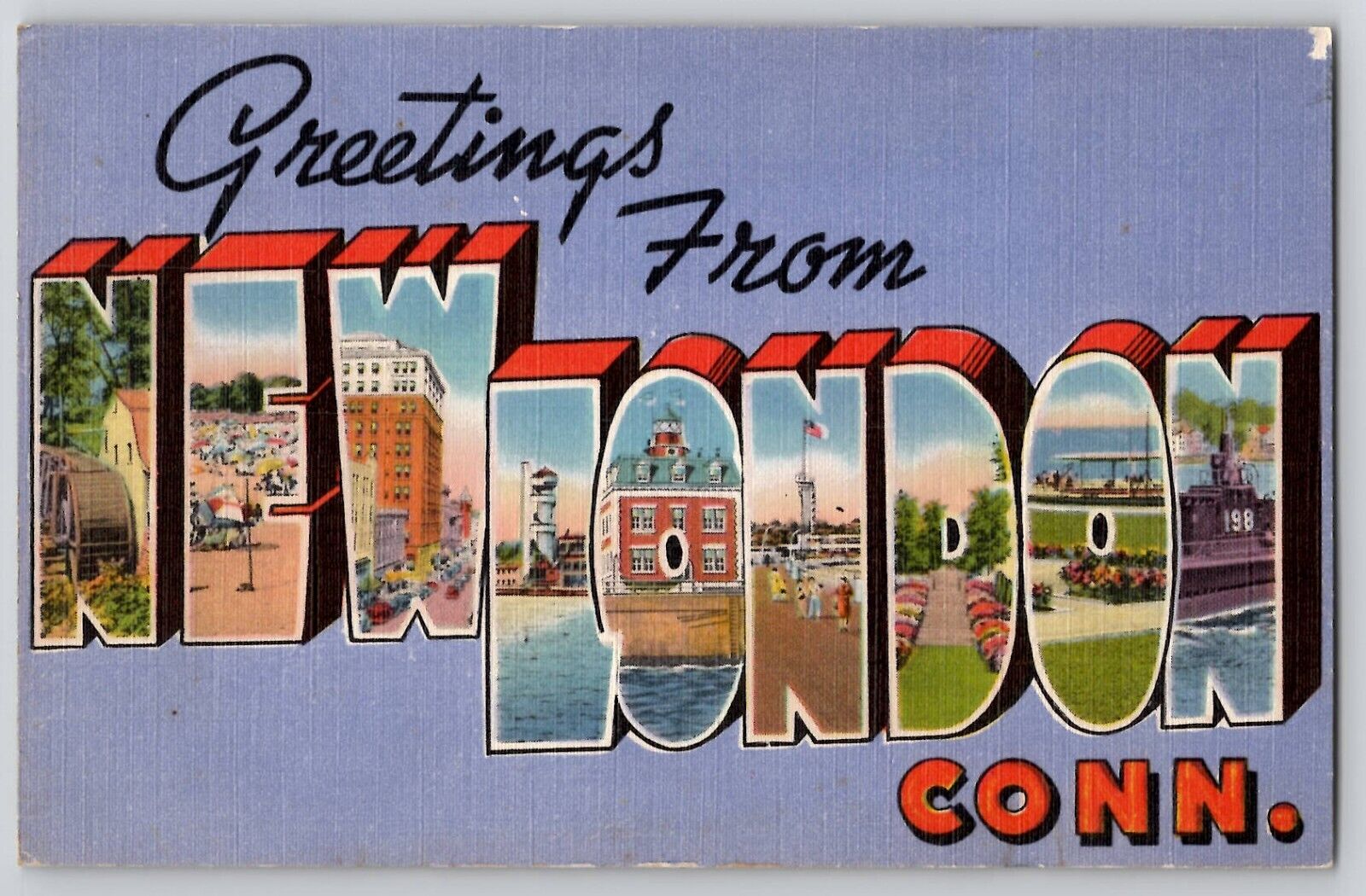 Large Letter Greetings from NEW LONDON CT Linen Postcard Connecticut