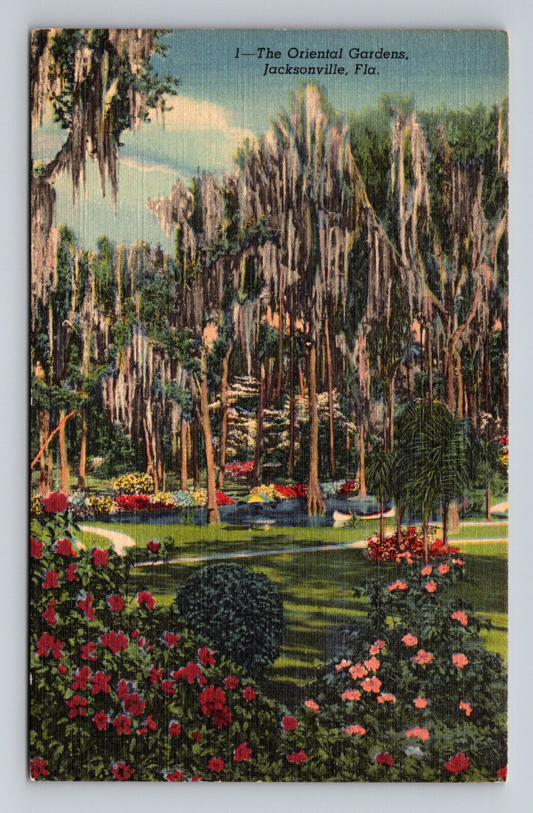 c1951 Linen Postcard Jacksonville FL Oriental Gardens Flowers