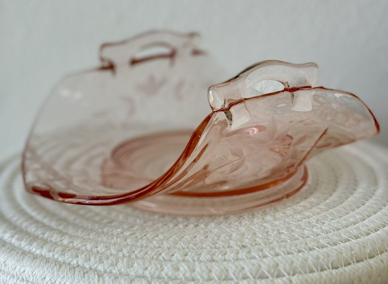 Vintage Pink Depression Glass Folded Edge Etched Candy/Napkin Dish 2 Handles
