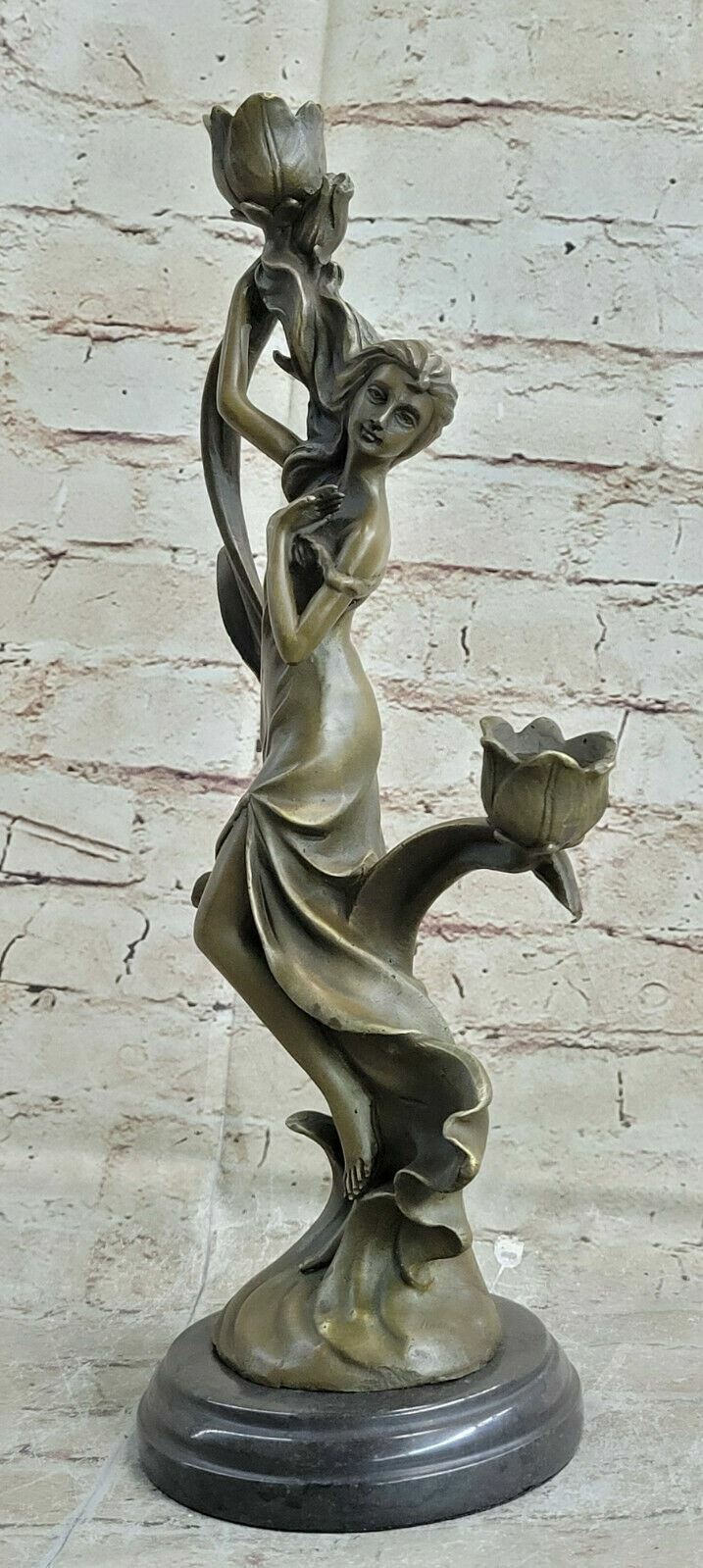 Vintage Italian Bronze Candelabra, Decorative Vine & Flowers, Sexy Nymph Figurin