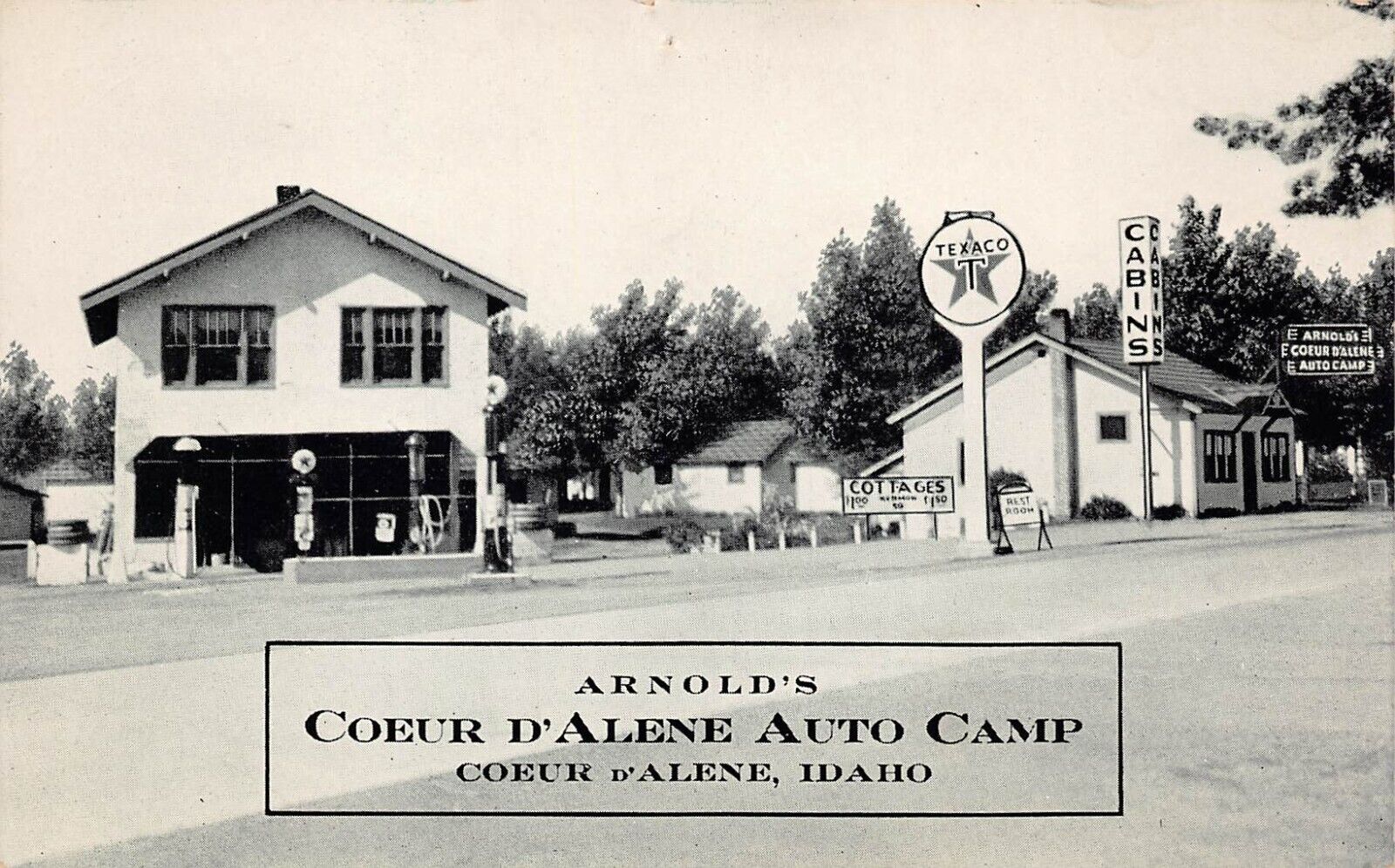 Coeur d\'Alene ID Idaho Auto Camp Texaco Gas Station Advertising Vtg Postcard D49