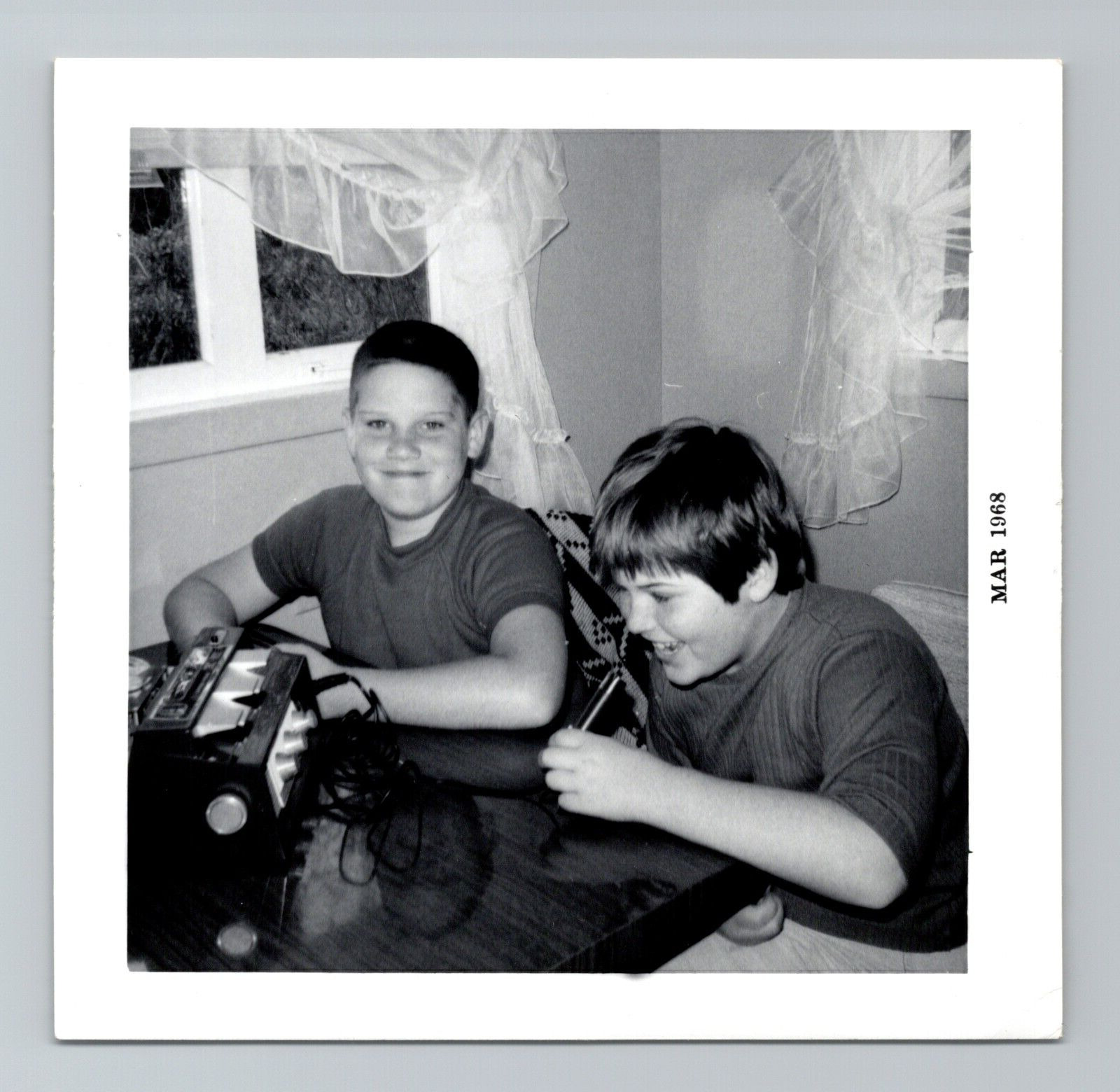 Vintage 60s Photo - Two Young Boys With Reel to Reel Recorder B&W Snapshot