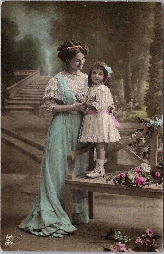 Vintage 1900s European Tinted Photo RPPC Postcard Mother & Little Girl / Roses