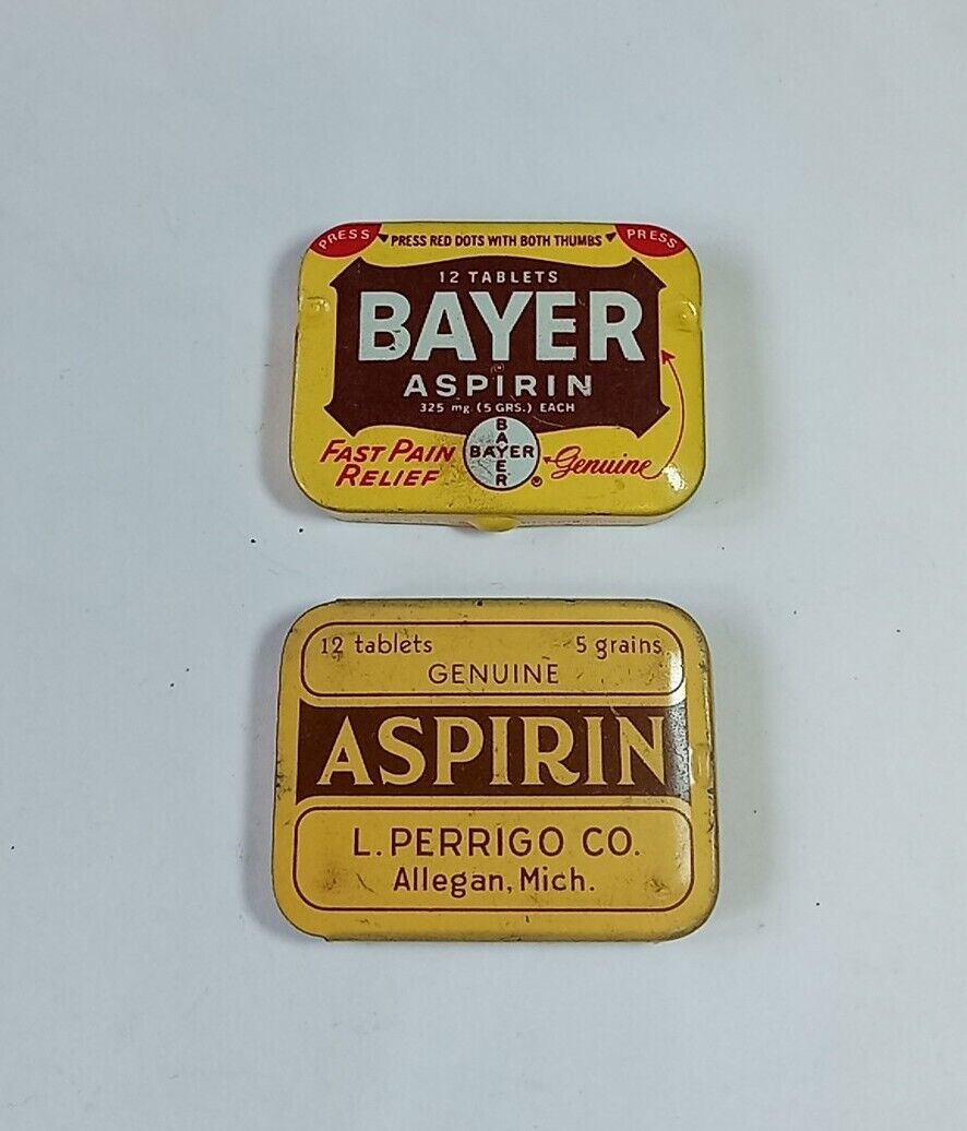 Vintage Aspirin Tablet Tin Lot of 2 - Bayer & L Perrigo Co. Allegan Michigan