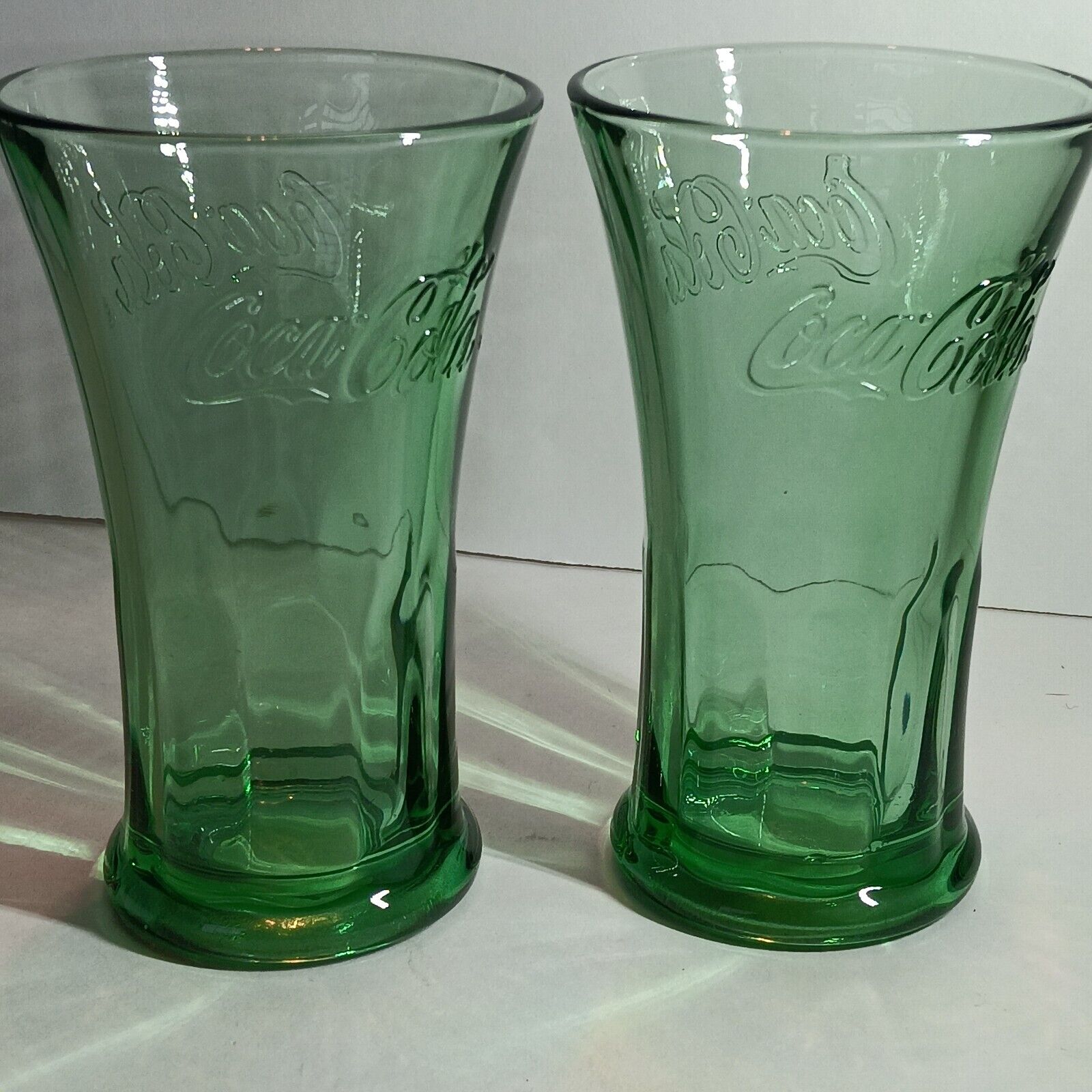 2  Libbey Coca-Cola Green Glass Flared 16 Oz Glasses