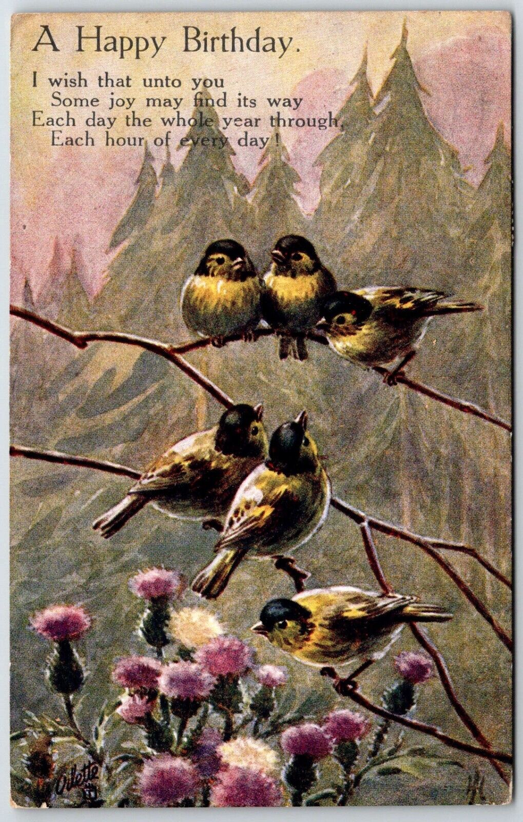tucks A HAPPY BIRTHDAY six finches above thistles 1753