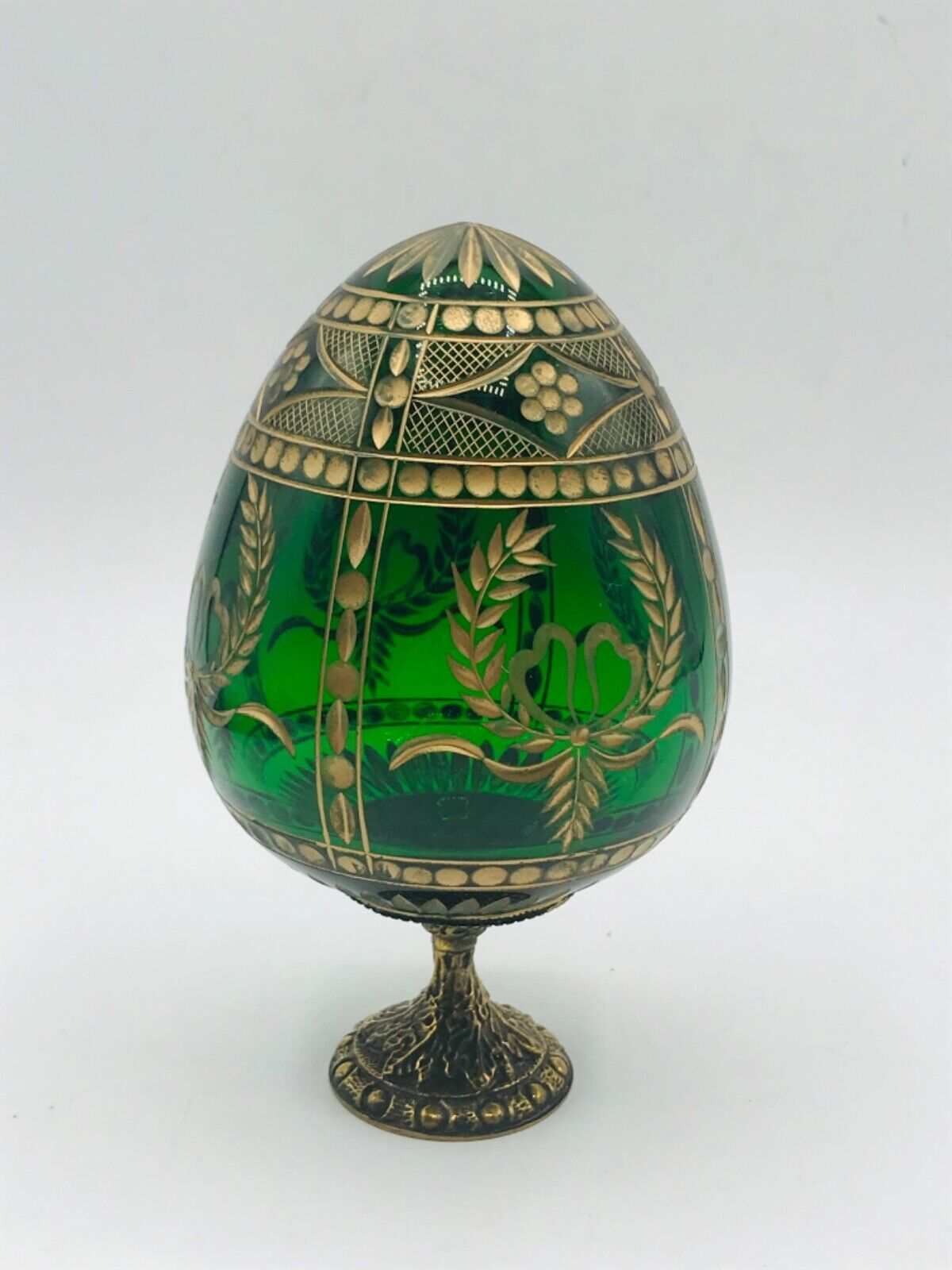 Russia Crystal Art Glass Green Gold Hand Cut Egg Faberge Pedestal St Petersburg