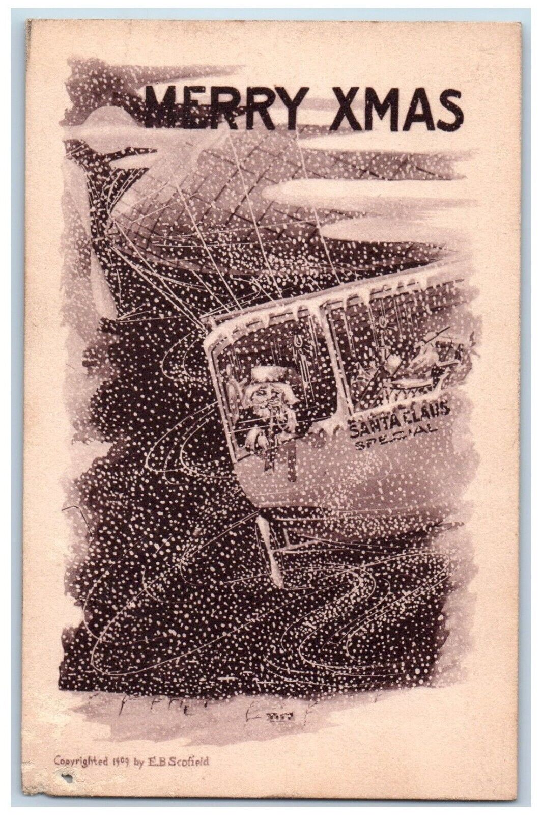 E B Scofield Artist Signed Postcard Christmas Santa Claus Riding Airship c1910\'s