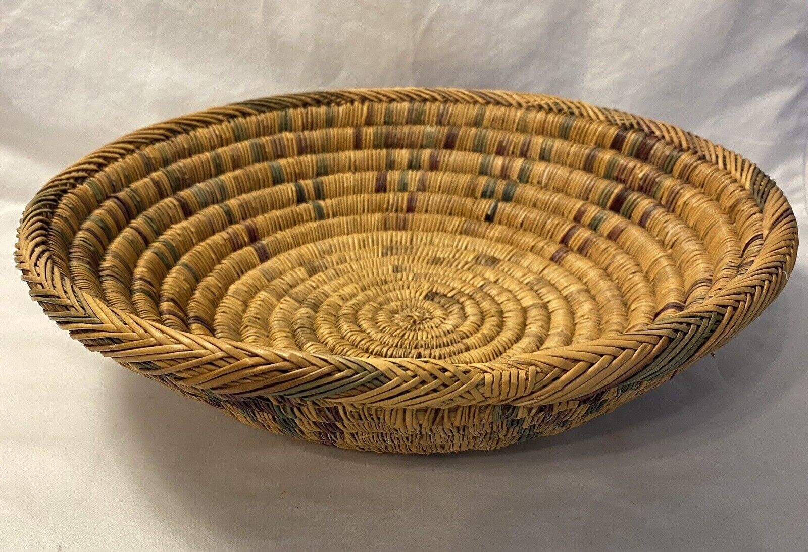 Vintage Hand Woven Native American (?) Art Geometric Coiled Bowl Basket 11.5 in