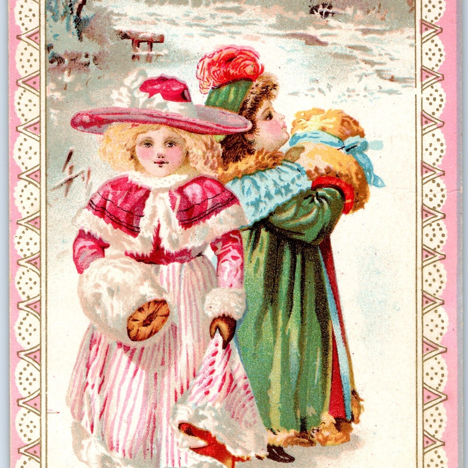 c1890s Cute Victorian Little Girls Puffy Hand Warmer Trade Card Snow Winter C35