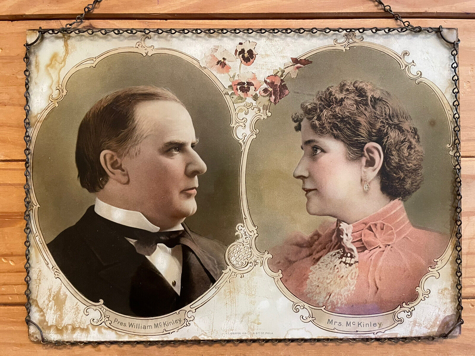 1896 President McKinley & Wife Reverse Print on Glass GH Buek & Co. Chain Frame