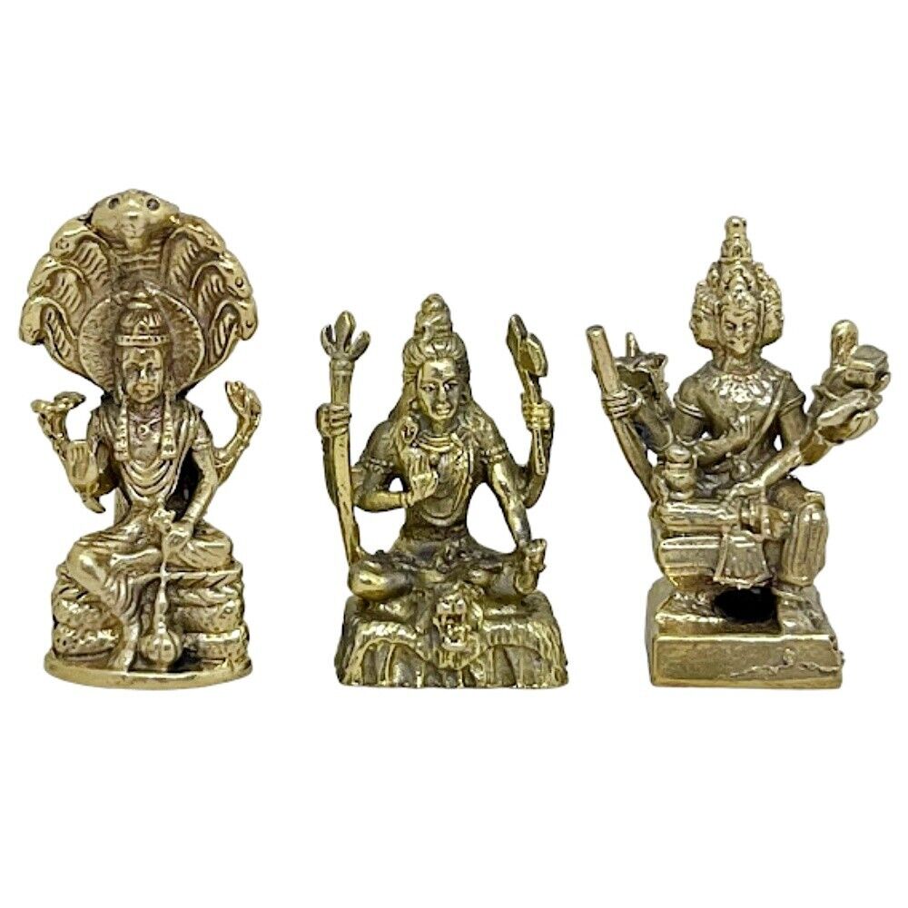 Shiva Vishnu Brahma Trimurti Mahadeva Set Hindu Murti Amulet Mini Brass Statue