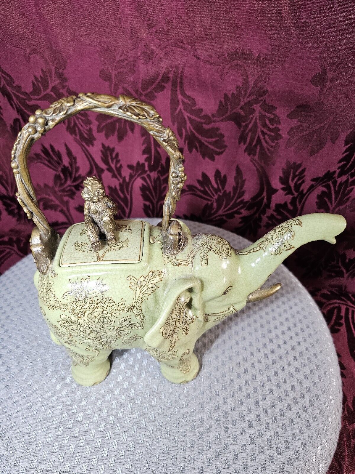 Antique Asian Ceramic  Hand Painted Elephant Teapot with Brass Handle Monkey Lid