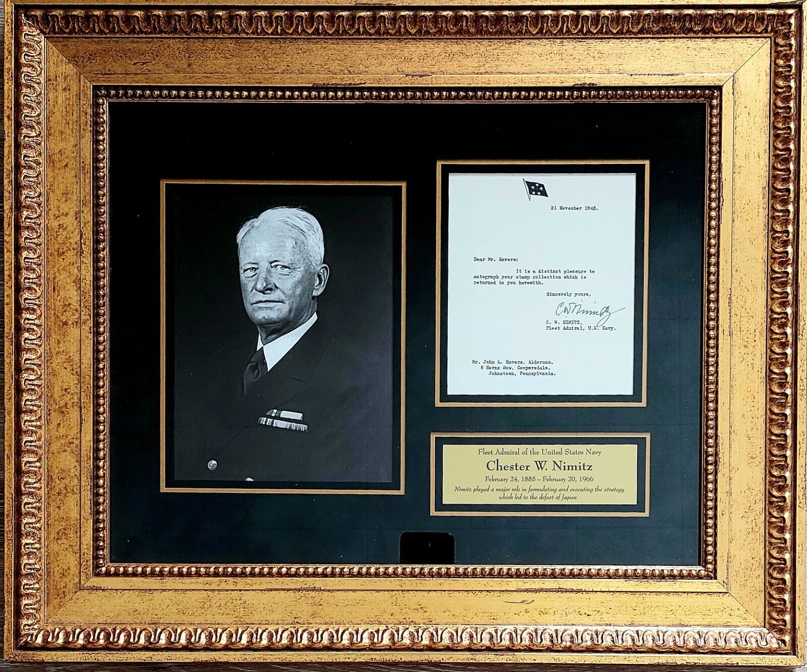 Fleet Admiral Chester W. Nimitz Signed Display With JSA Letter of Authenticity.