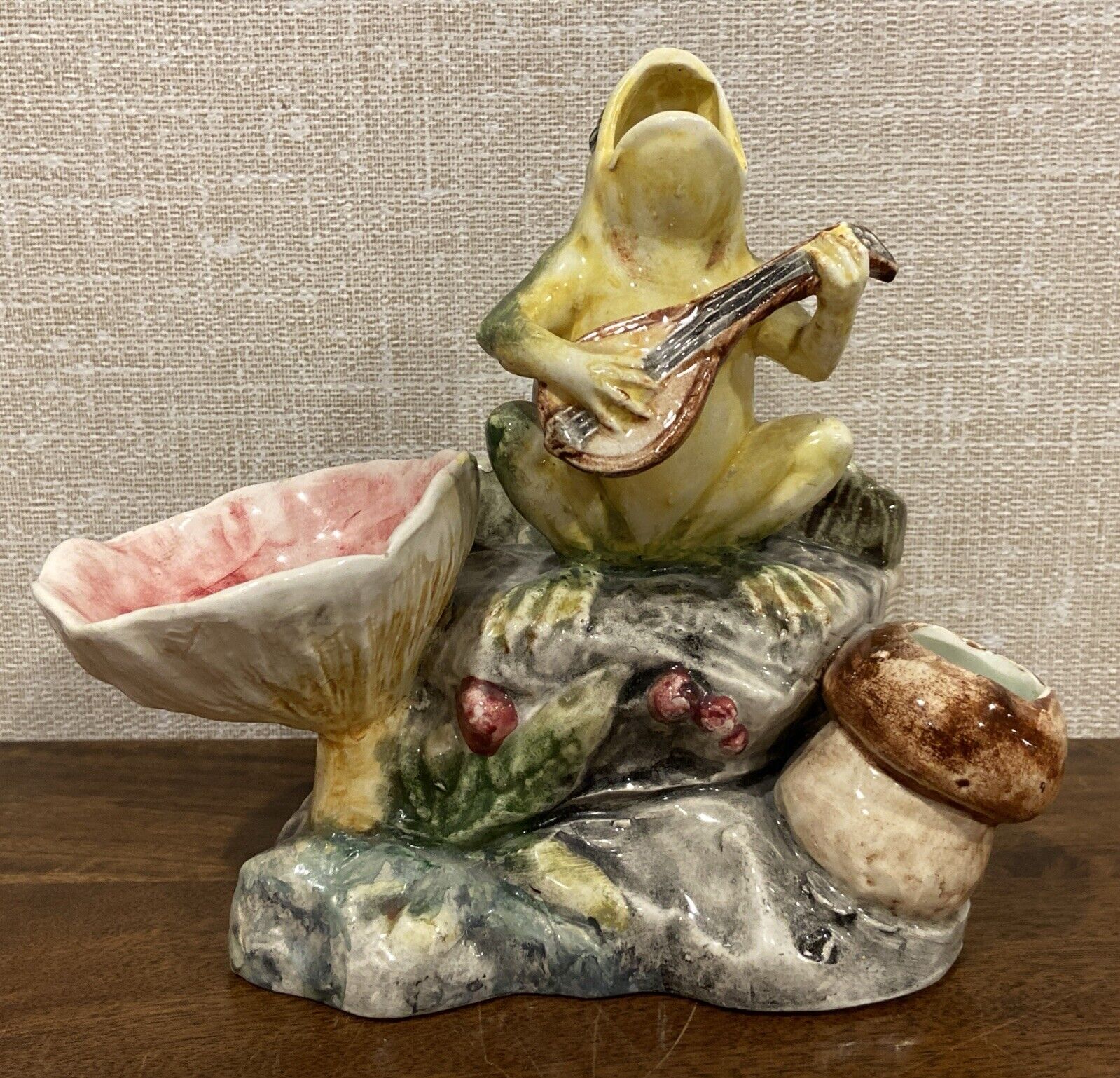 Antique Majolica Figural Frog Match Holder With Striker **Must See**