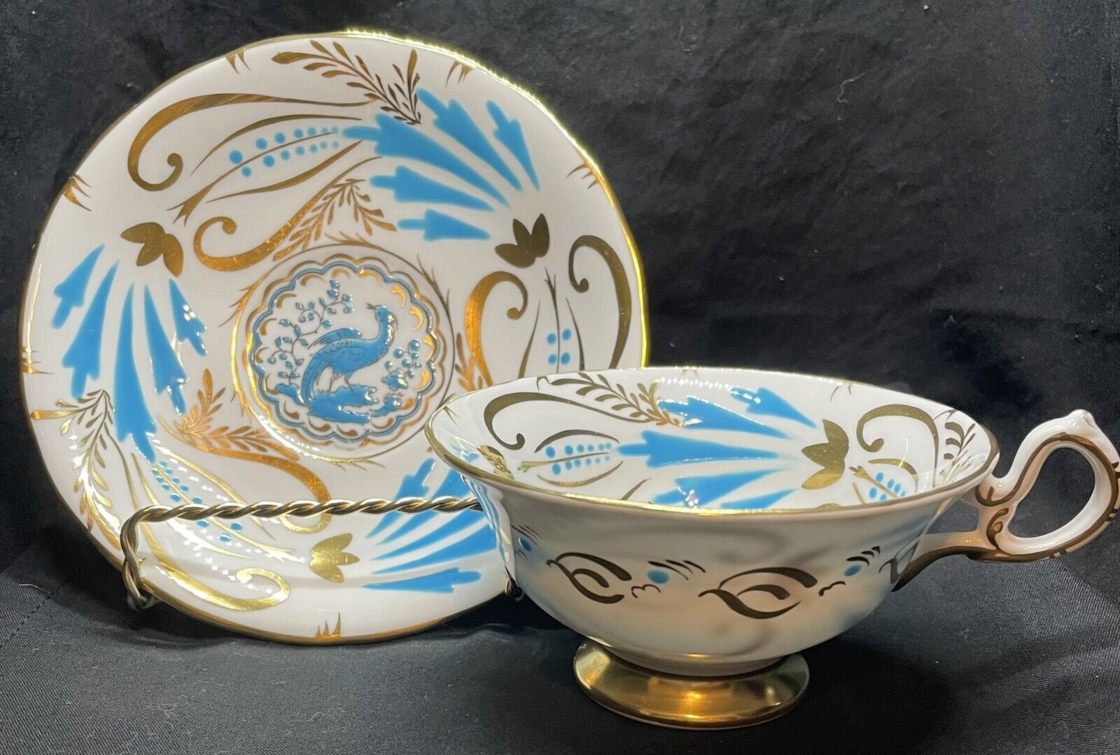 Royal Chelsea Gold & Turquoise Blue Bird Enamel Tea Cup & Saucer -#3800A