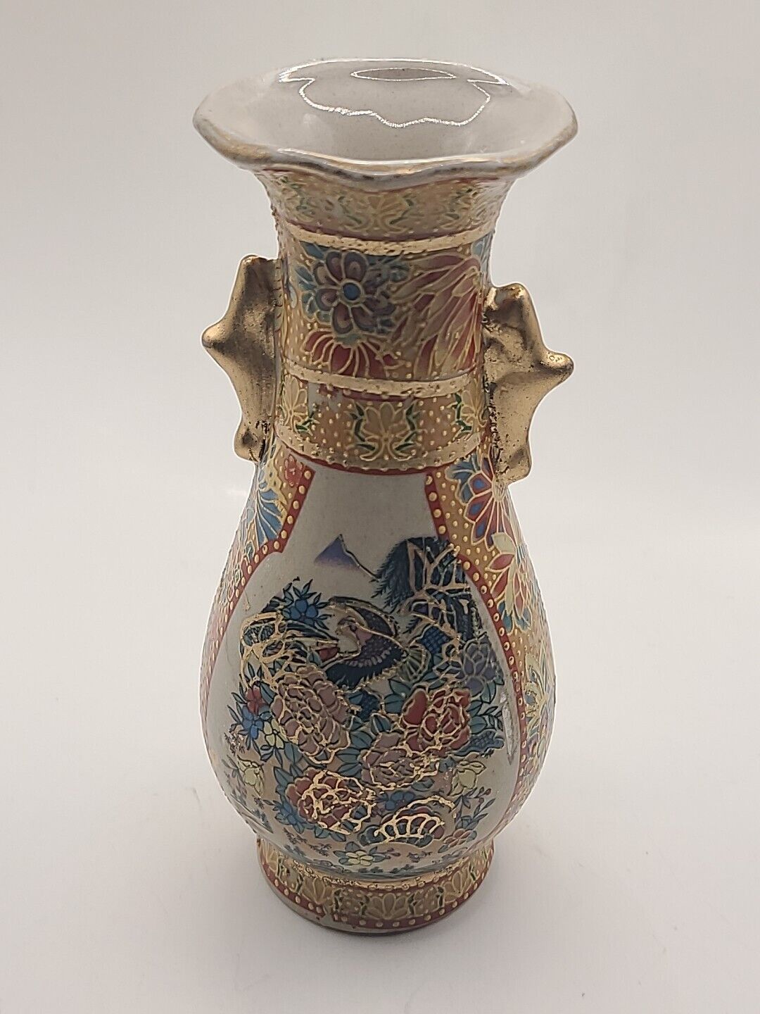 Vase Satsuma style hand painted w birds & flowers. Gold handles. Gorgeous. Vtg