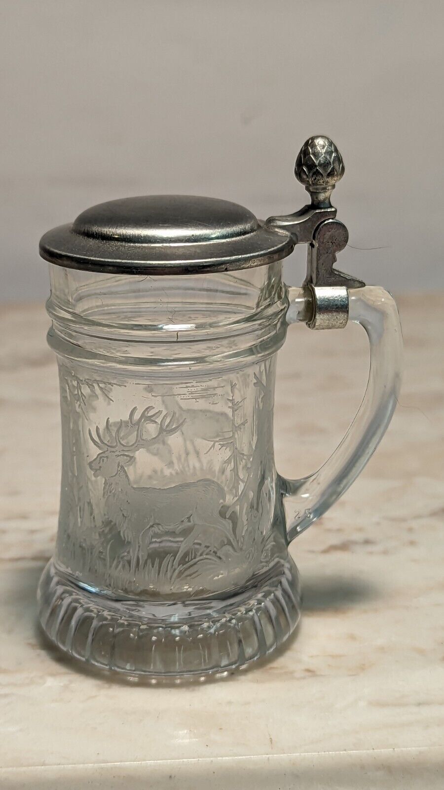 Small Mini Vintage Stein Deer Etching Pewter Top BMF Schnapskrugerl German Glass