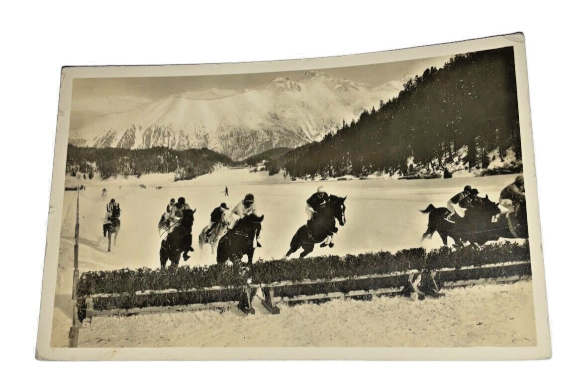 Vintage 1932 St Moritz Switzerland Ice Horse Racing Postcard